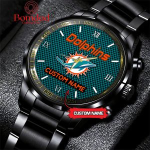 Miami Dolphins Fan Personalized Black Steel Watch
