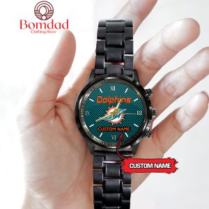 Miami Dolphins Fan Personalized Black Steel Watch